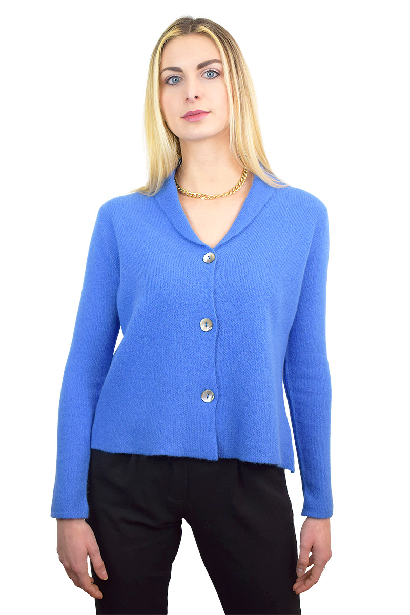 giacca azzurra in cashmere con tre bottoni da donna7