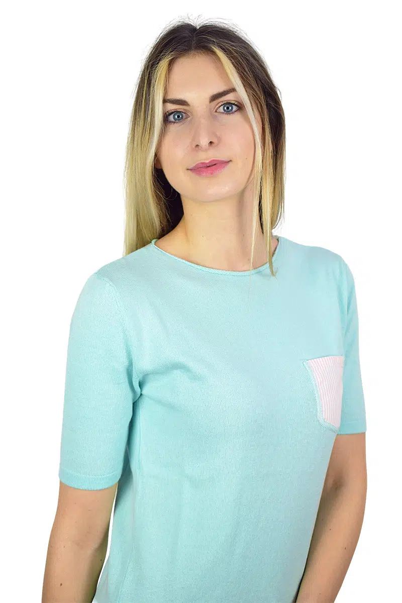 Aquamarine T-shirt with Pink/White Shirt Pocket - Papini Cashmere