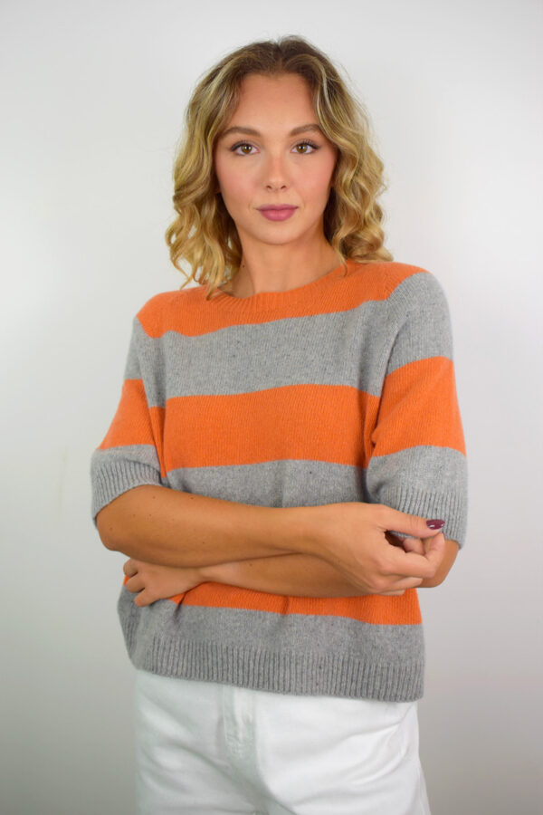Portofino Pure Cashmere Women's Crewneck with Gray Orange stripes