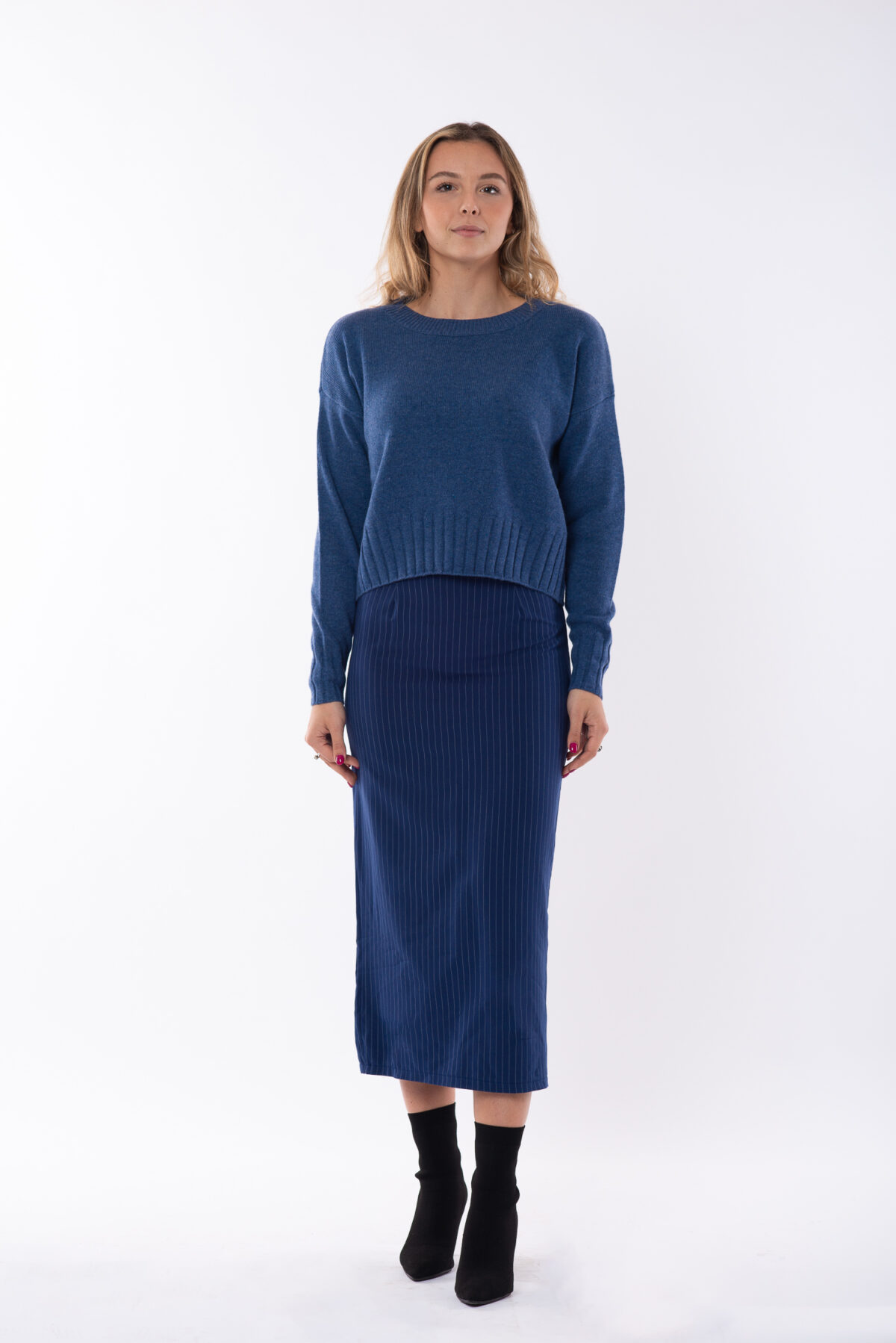 Crew Neck 2 Threads Short Autumn Pure Cashmere Women's Blue Jeans