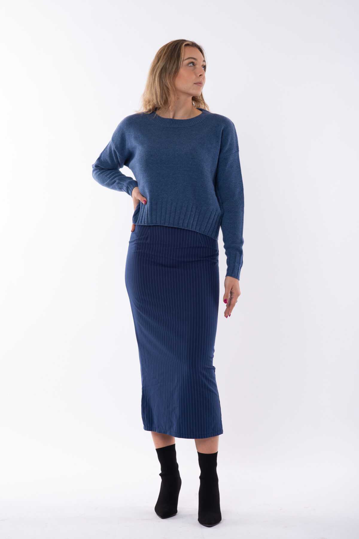 Crew Neck 2 Threads Short Autumn Pure Cashmere Women's Blue Jeans