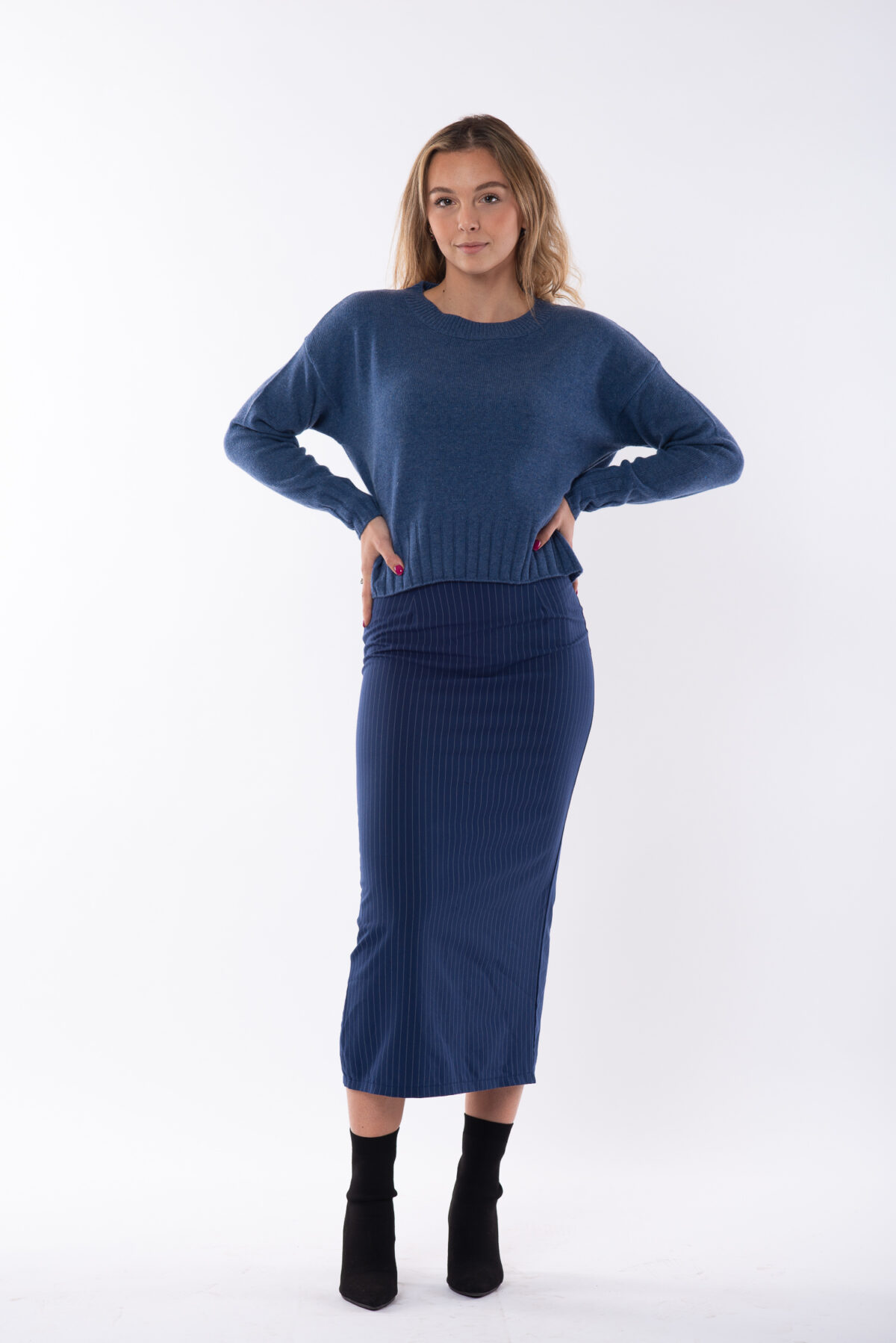 Crew Neck 2 Threads Short Autumn Pure Cashmere Women's Blue Jeans