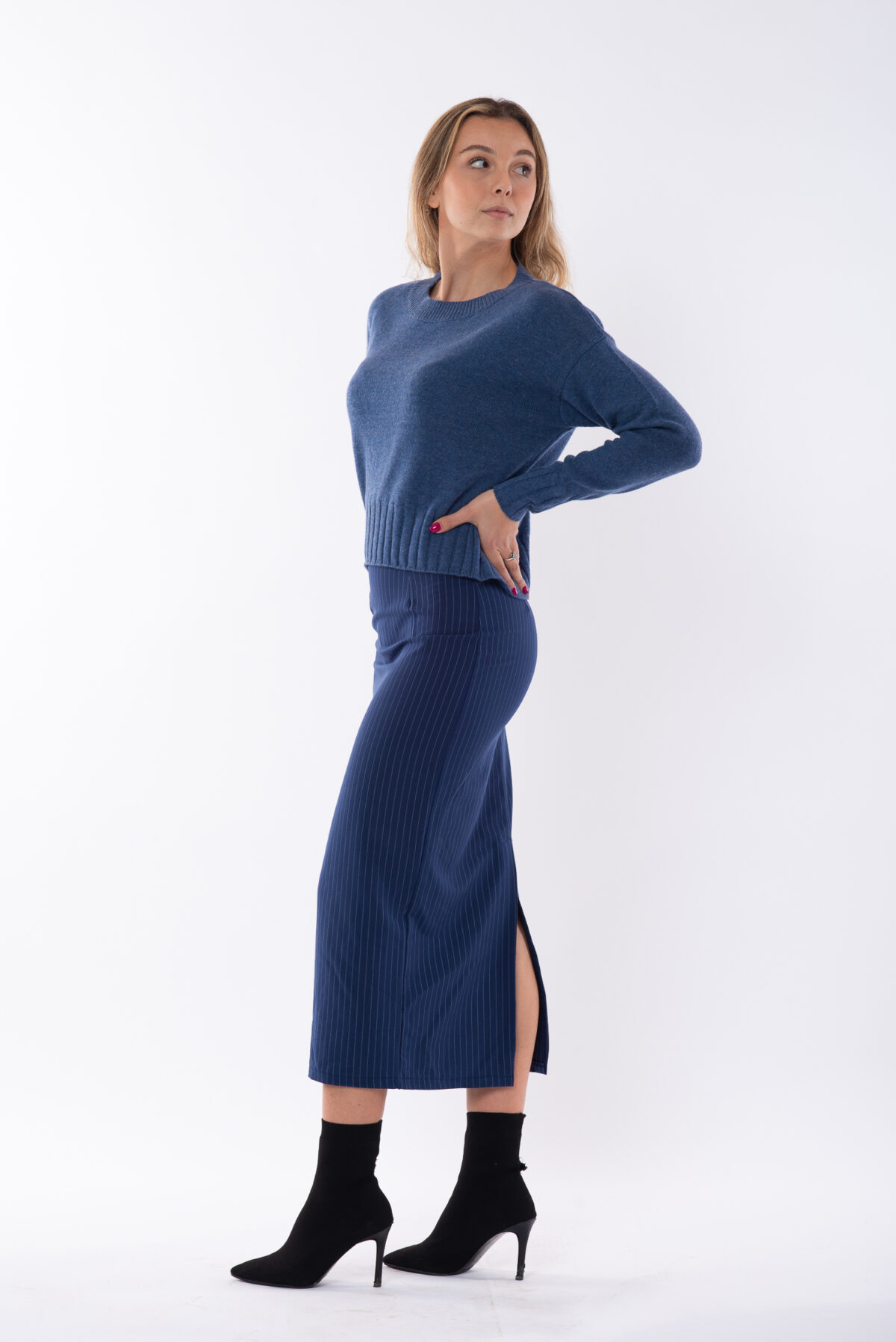 Crew Neck 2 Threads Short Autumn Pure Cashmere Women's Blue Jeans