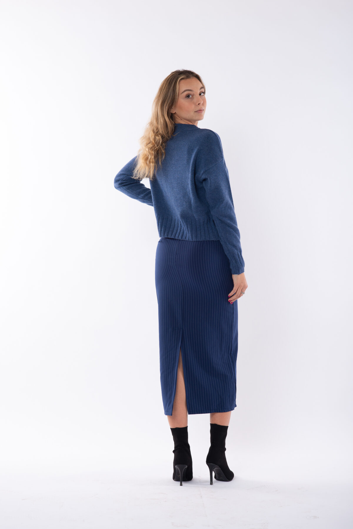 Crew Neck 2 Threads Short Autumn Pure Cashmere Women's Blue Jeans